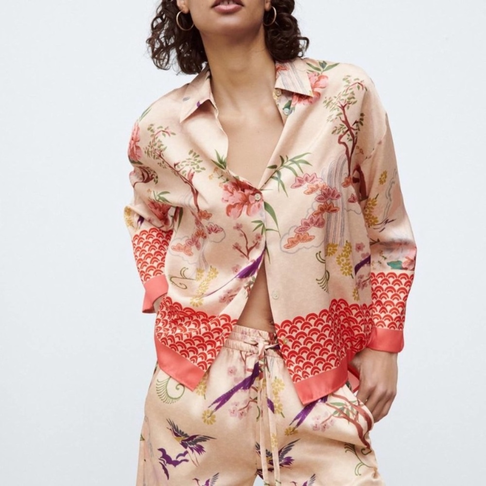Zara Button-down Silk Effect Floral Print Blouse